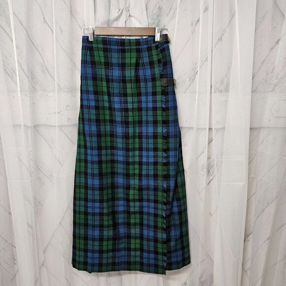 Lochan Skirt Blue Green Plaid Maxi Kilt Wrap Preppy Wool Academia Punk XS - Picture 1 of 8